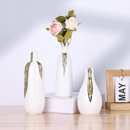 White and Gold Mini Ceramic Vase Set of 3, Small Ceramic Vase Set for Decorative, Bud Vases for Centerpieces Nightstand Kitchen, Boho Farmhouse Home Coffee Table Tray Decor