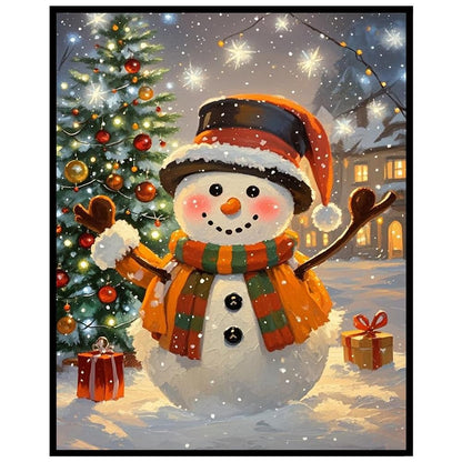 Cheerful Christmas Snowman Wall Art Print, Festive Winter Holiday Painting, Cute Snowy Christmas Tree Home Decor, Whimsical Holiday Poster, 8x10 Inches Unframed