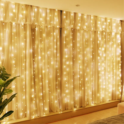 HXWEIYE 300LED Fairy Curtain Lights, 9.8x9.8Ft USB Plug-in 8 Modes Christmas String Hanging Lights with Remote for Bedroom Backdrop Wedding Indoor Wall Decor, Warm White, Standard – 1 Pack