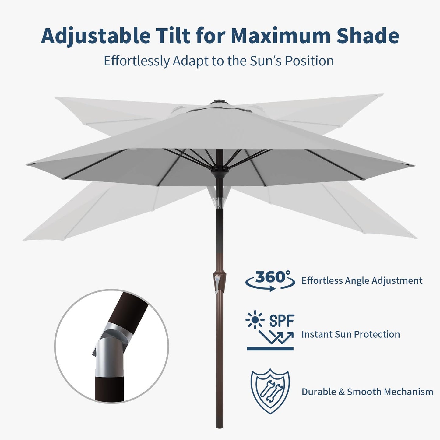 Patio Kingdom 10FT Patio Umbrella Outdoor Market Umbrella with Crank and Tilt, 8 Flexible Fiberglass Ribs, UV-Resistant Waterproof Canopy for Patio, Deck, Garden, Backyard, Light Gray