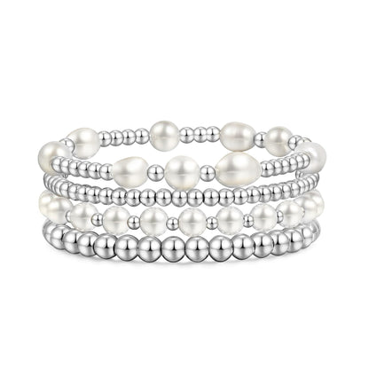 Silver Pearl Beaded Bracelets for Women Baroque Pearl Stackable Stretch Bead Ball Bracelet Jewelry Gifts （4PCS)