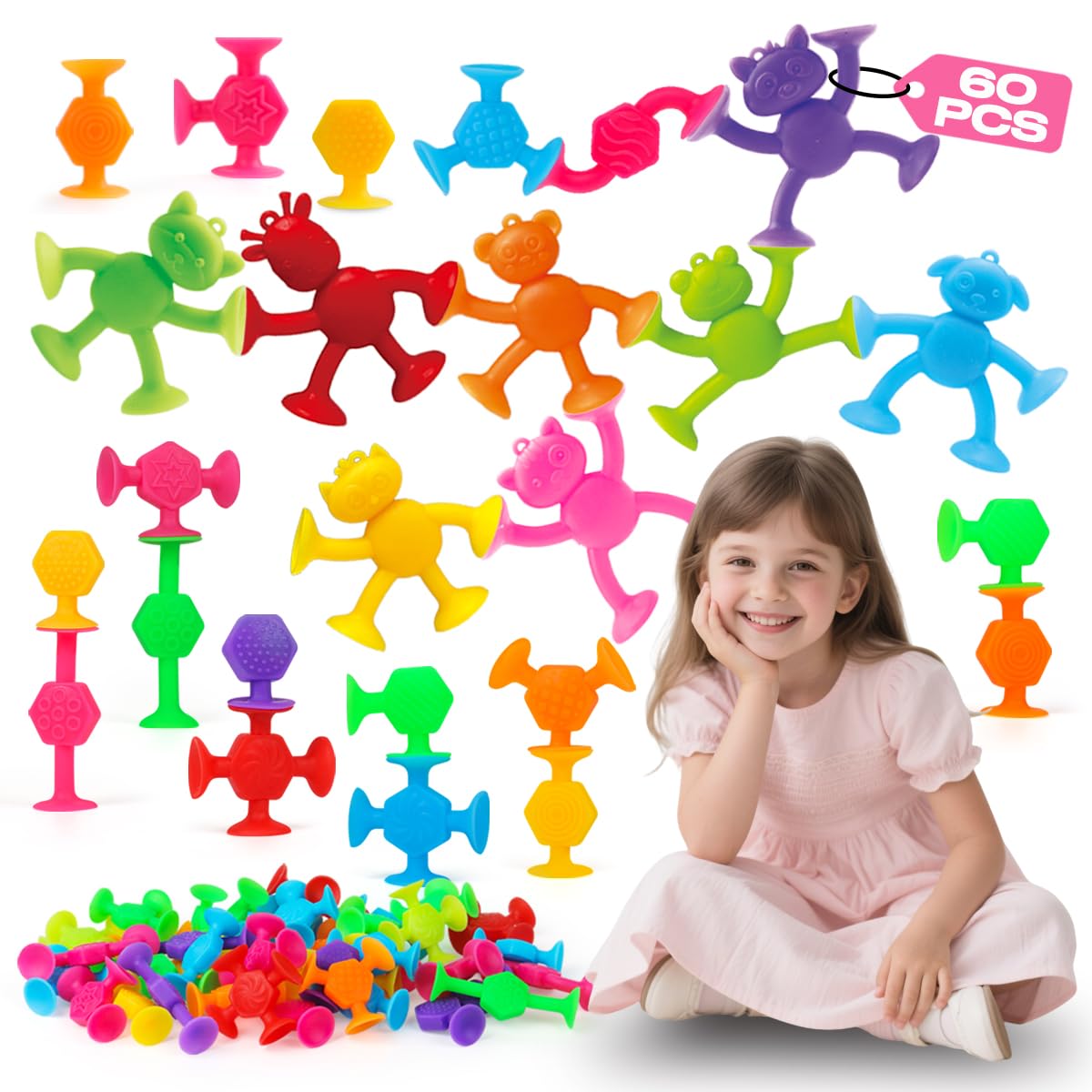 Suction Cup Kids Bath Toys for Toddler Aged 3, 60PCS Animal and Textured Suckers, Montessori Sensory Gifts for Kids 4-8 Years Old, Educational Learning Building Toy