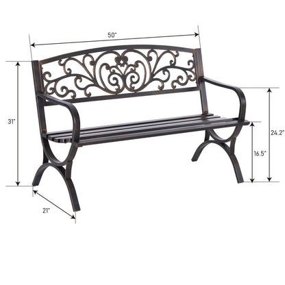 MFSTUDIO 50 Inches Outdoor Garden Bench, Cast Iron Metal Frame Patio Park Bench with Floral Pattern Backrest, Arch Legs for Porch, Lawn, Yard-Bronze