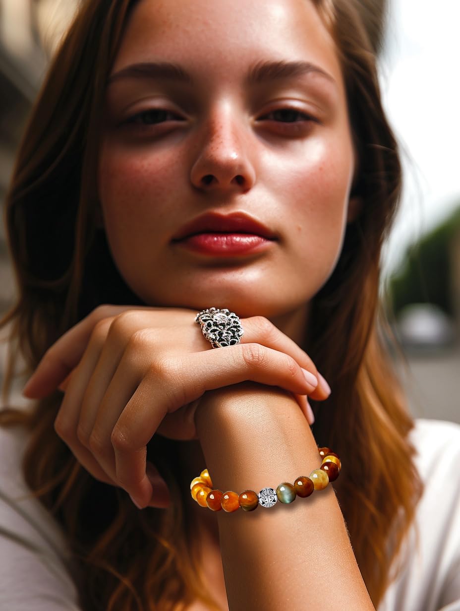 MetJakt Healing Crystals Beaded Bracelets for Womens Natural Gemstone 8mm Beads Stretch Bracelets with 925 Sterling Silver Double Happiness Pendant (Golden Tiger Eye)