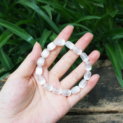 TaHLga Natural Selenite Crystal Bracelet for Women Men |8x12mm White Cylinder Beads | Crown Chakra Stone with Leather Pouch, Gift Box & Repair Kit | Fits about 7.5 inch Wrist