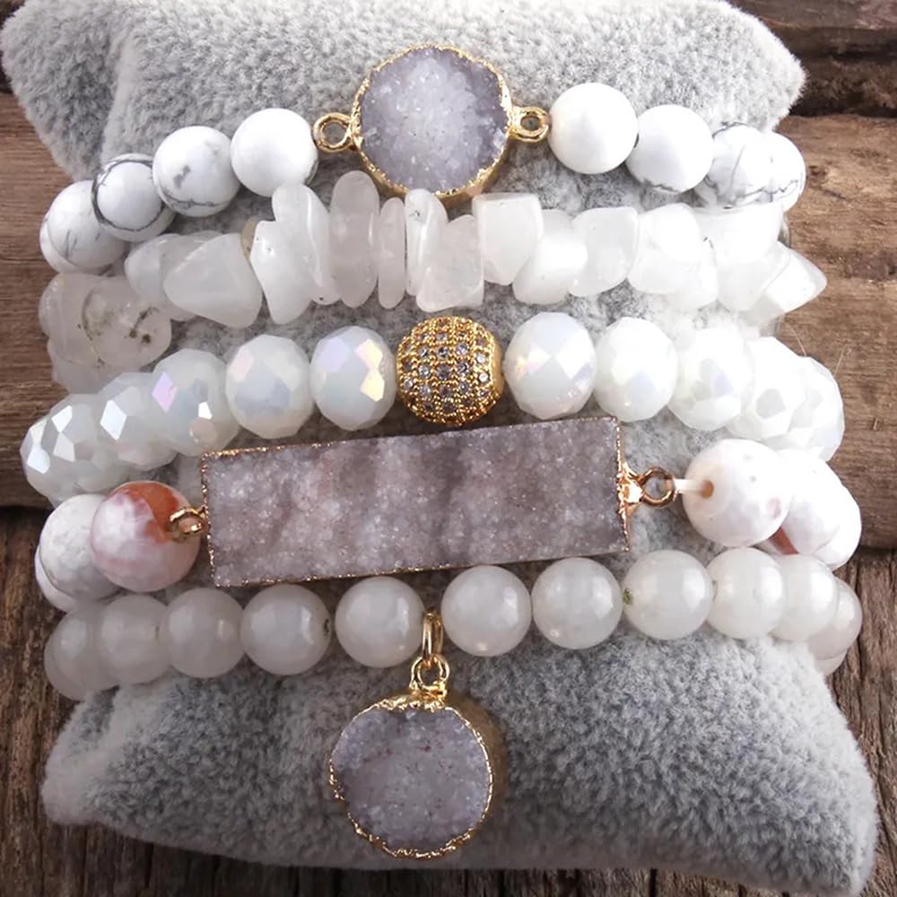 Yomisa 5PCS Natural Boho Beaded Bracelets for Women Men,Healing Turquoise Jasper Agate Crystal Gemstone Stone Diamond Chakra Multilayer Wrap Bohemian Handmade Jewelry Beads Stretch Bracelet Set