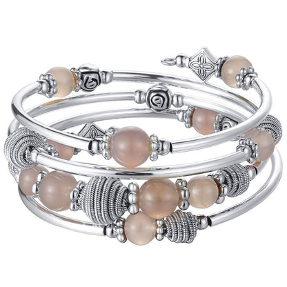 PEARL&CLUB Beaded Chakra Bangle Turquoise Bracelet - Fashion Jewelry Wrap Bracelet with Thick Silver Metal and Mala Beads, Birthday Gifts For Women(Agate grey)