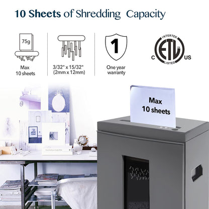 WOLVERINE 10-Sheet Super Micro Cut High Security Level P-5 Heavy Duty Paper/CD/Card Ultra Quiet Shredder for Home Office by 60 Mins Running Time and 6 Gallons Pullout Waste Bin SD9612 (Grey ETL)