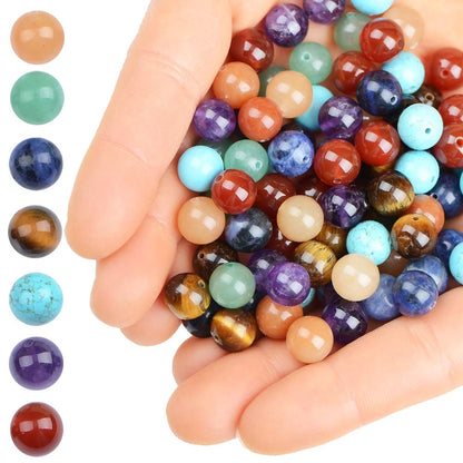 80Pcs Natural Crystal Stone Gemstone Round Loose Energy Healing Beads with Free Crystal Stretch Cord for Jewelry Making (7-Chakra Beads, 10MM)