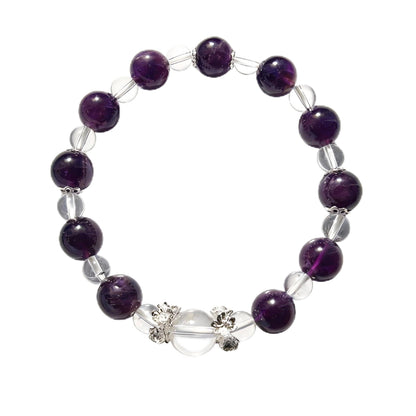 Natural Amethyst & Clear Quartz Beaded Bracelet, Healing Crystal Stretch Bracelet for Women Men Amethyst Clear Quartz Crystal Bracelet, Calming Positive Energy Gemstone Bracelet for Spiritual Healing