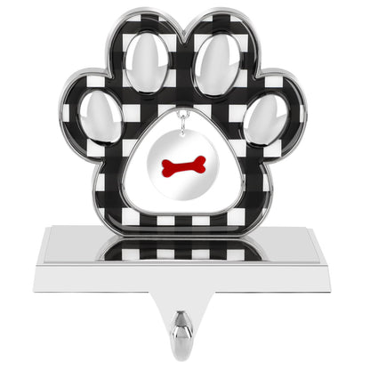 Fowecelt Dog Paw Christmas Stocking Holder with Small Paw Pendant 3D Silver Metal Mantel Black Buffalo Plaid Stocking Hanger for Fireplace Mantel Shelf Stand Table Christmas Decor