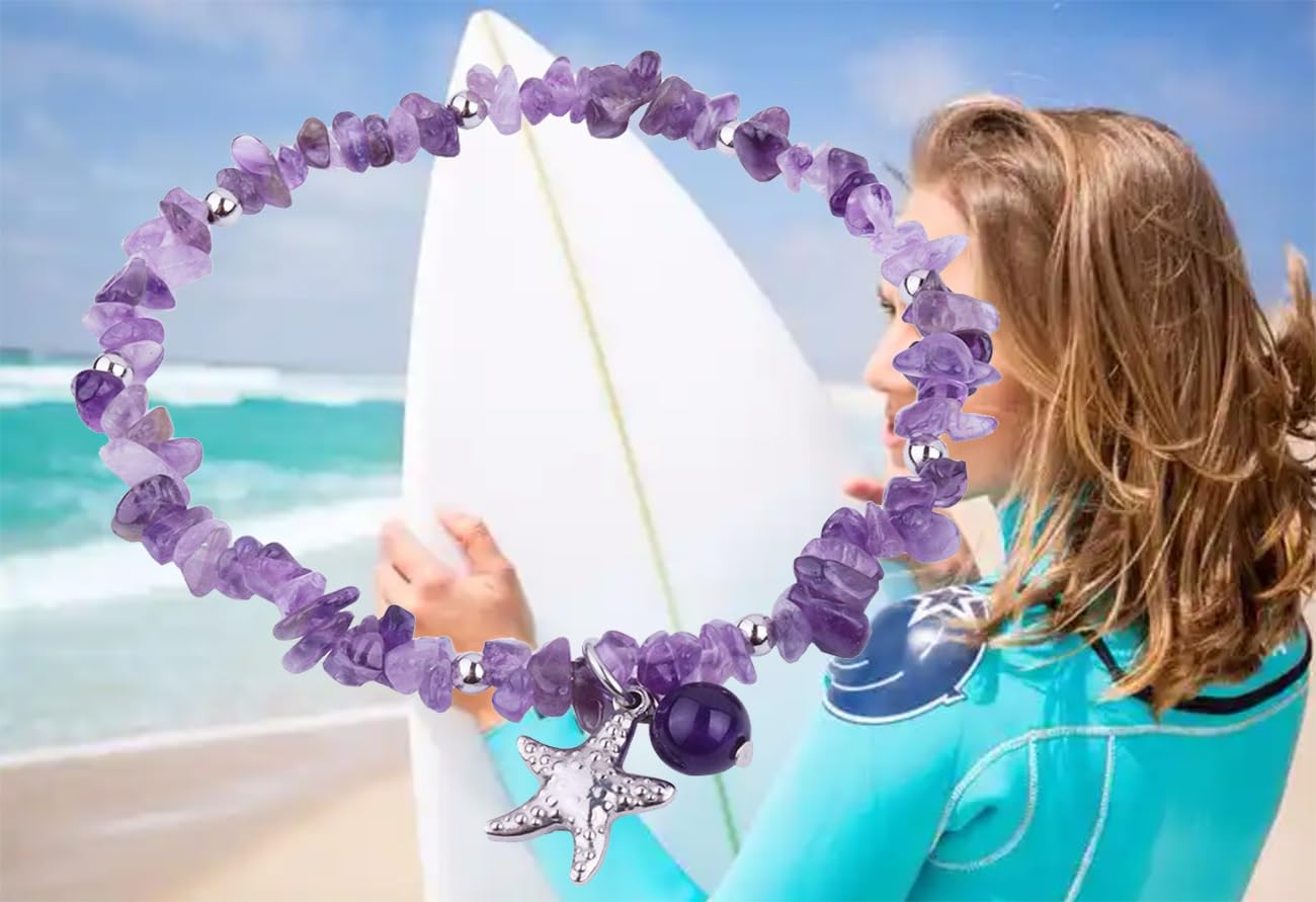 AZFEIYA Healing Stone Amethyst Anklets Bracelets Handmade Boho Anklet Bracelet Summer Jewelry Starfish Anklets Chakra Beach Foot Jewelry Gift for Her (Amethyst)