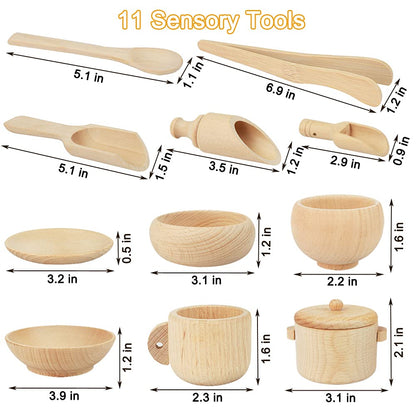 Montessori Sensory Bin Tools: 1 Wooden Box + 11 Sensory Tools for Toddlers & Preschool Children - Fine Motor Learning Pretend Play
