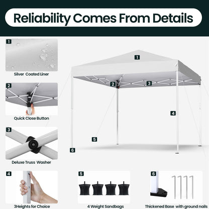 PHONWHON Shades 10x10 Pop Up Canopy, Heavy Duty Beach Tent with Carrying Bag for Easy Moving, Sun Shelter for Parties, Events, Camping, Outdoor Gazebo with 420D PU Coated Waterproof White Fabric