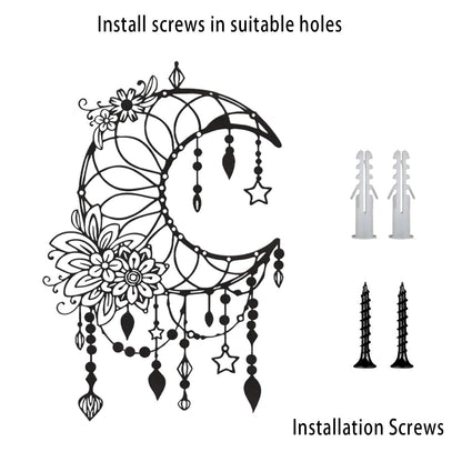 SYDERWE Metal Wall Art, Matte Black Moon Phase Decor, Celestial Bedroom Decor with Floral and Hanging Stars, Indoor & Outdoor