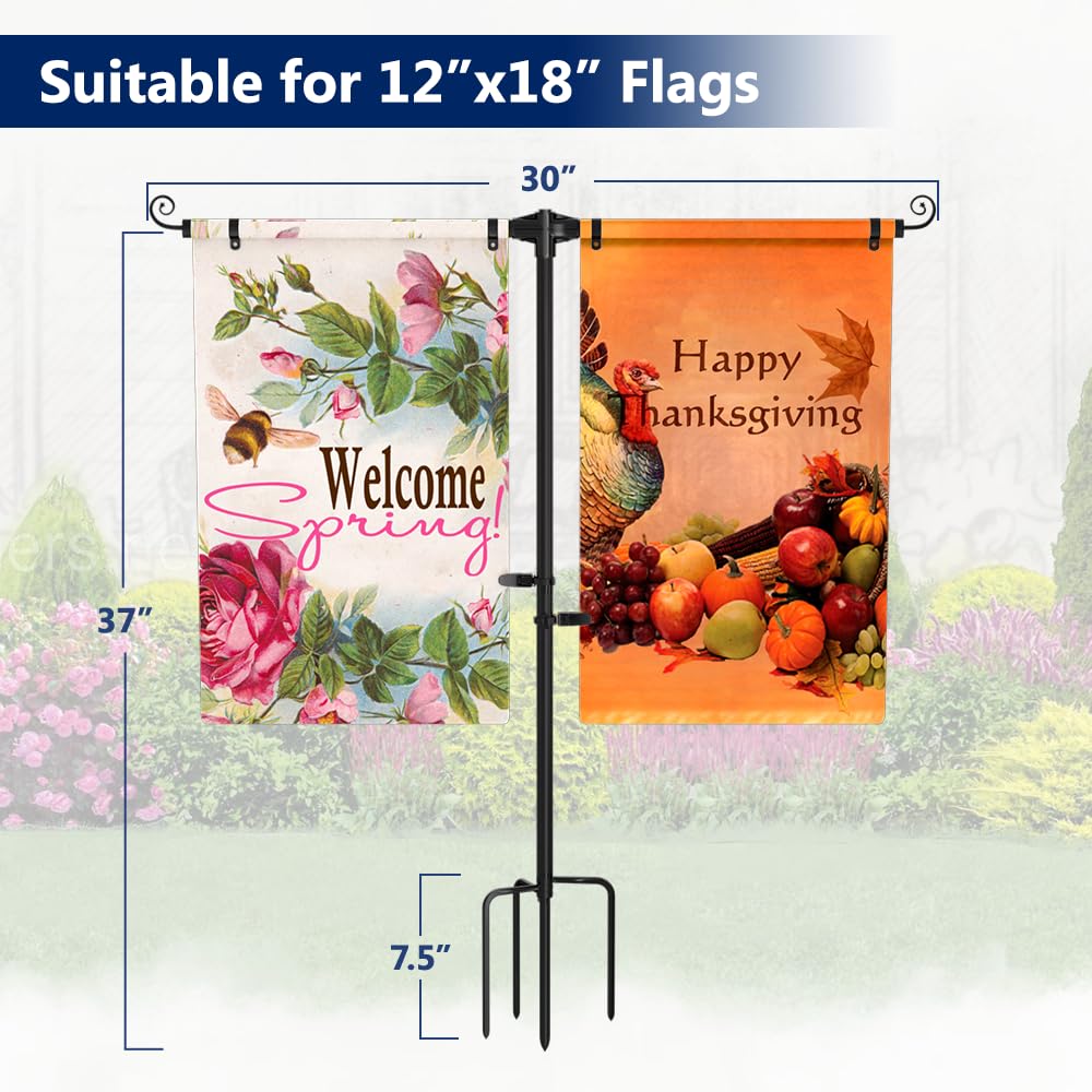 SCWN Garden Flag Stand Holder w/4-Prong Base, 3/4 Inch Extra Thick Heavy Duty Yard Flag Holder for Double Small Flags 12x18, Garden Flag Pole for Outside Patio Decor