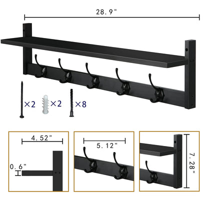 BAMEOS Wall-Mounted Shelf with Hooks - 28.9 Inch Entryway Hanging Shelf with 5 Dual Hooks for Bathroom, Living Room, Bedroom (Black)