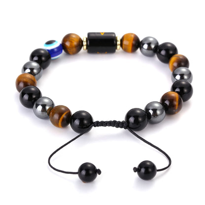 Initial Triple Protection Bracelet for Men,Black Evil Eye Tiger Eye Hematite Obsidian Good Luck Healing Crystal Stones Mens Bead Bracelet Jewelry Gift (J initial bracelet, Triple Protection)