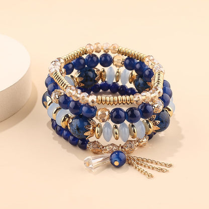 LOTSOF Bohemian Green Jade Stackable Bracelet Set - 4-Layer Stretch Beaded Bracelets with Gold Accents, Boho Jewelry for Women, Fashion Statement Accessory (Gift Ready) (Dark Blue)