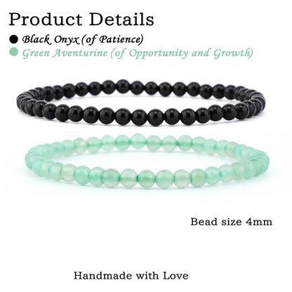 NCB 2-Piece 4mm Natural Crystal Gemstone Stretch Bracelets – ﻿Black Onyx, Green Aventurine Handmade Reiki Energy Healing Jewelry for Meditation,Yoga, Unisex