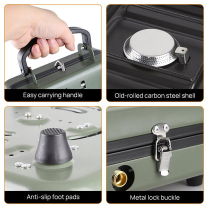 FGY 2 Burner Portable Gas Stove, 17,200 BTU Portable Folding Camp Stove,Dual gas stove with portable handle and Carrying Bag,Adjustment Burner & Piezo Ignition for Camp Cooking,Outdoor (Green）