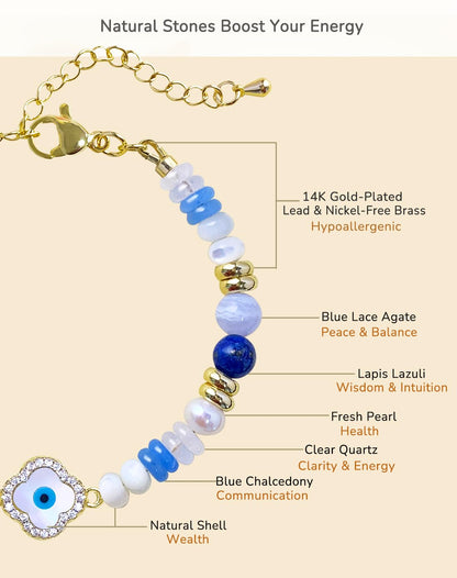 YEETONDA Evil Eye Four Leaf Clover Natural Gemstone Rainbow Bracelets Jewelry 16th 21st 30th 40th 50th 60th 70th 80th Birthday Gifts For Women Mom Sister Friend Daughter Niece(Lapis Lazuli)