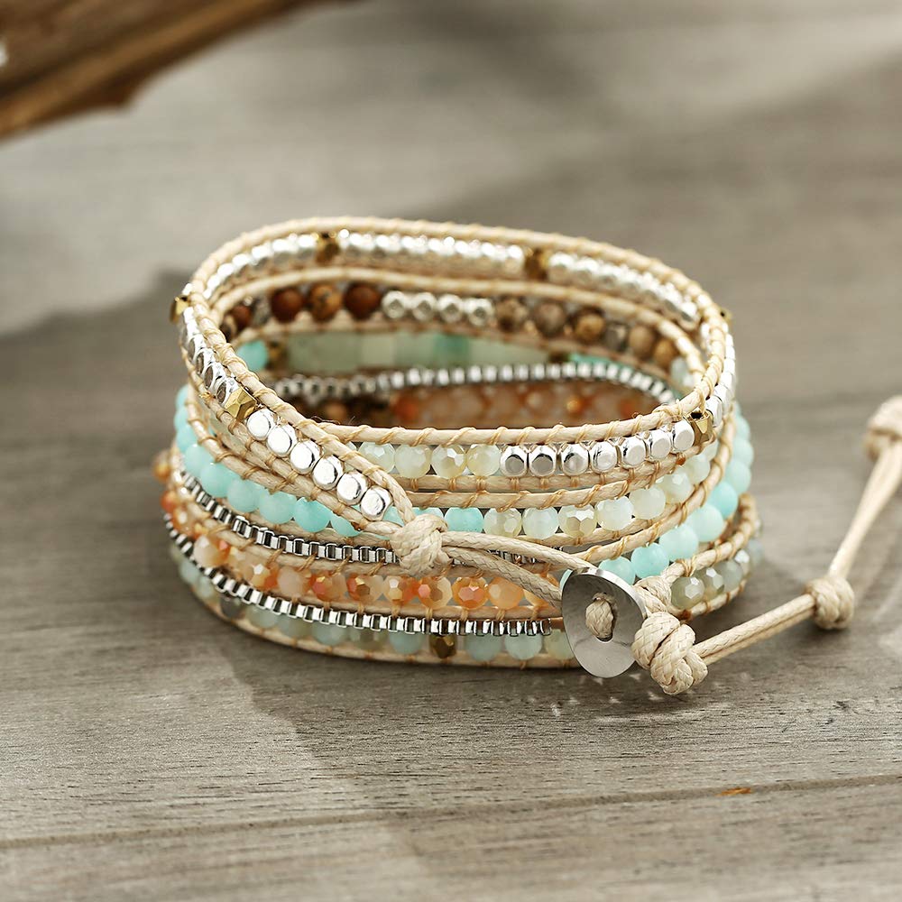 Plumiss Women Boho 5 Wraps Handmade Beaded Statement Stainless Steel Box Chain Bracelet Jewelry