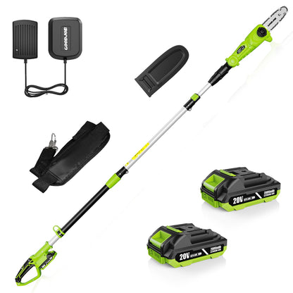 Electric Pole Saw for Tree Trimming, 20V 8-Inch Cordless Pole Chainsaw with Low Kick-Back Bar, Extends to 14.2 Ft, Auto Oiling, 2 Batteries & Fast Charger for High Branches, Orchard & Garden Use