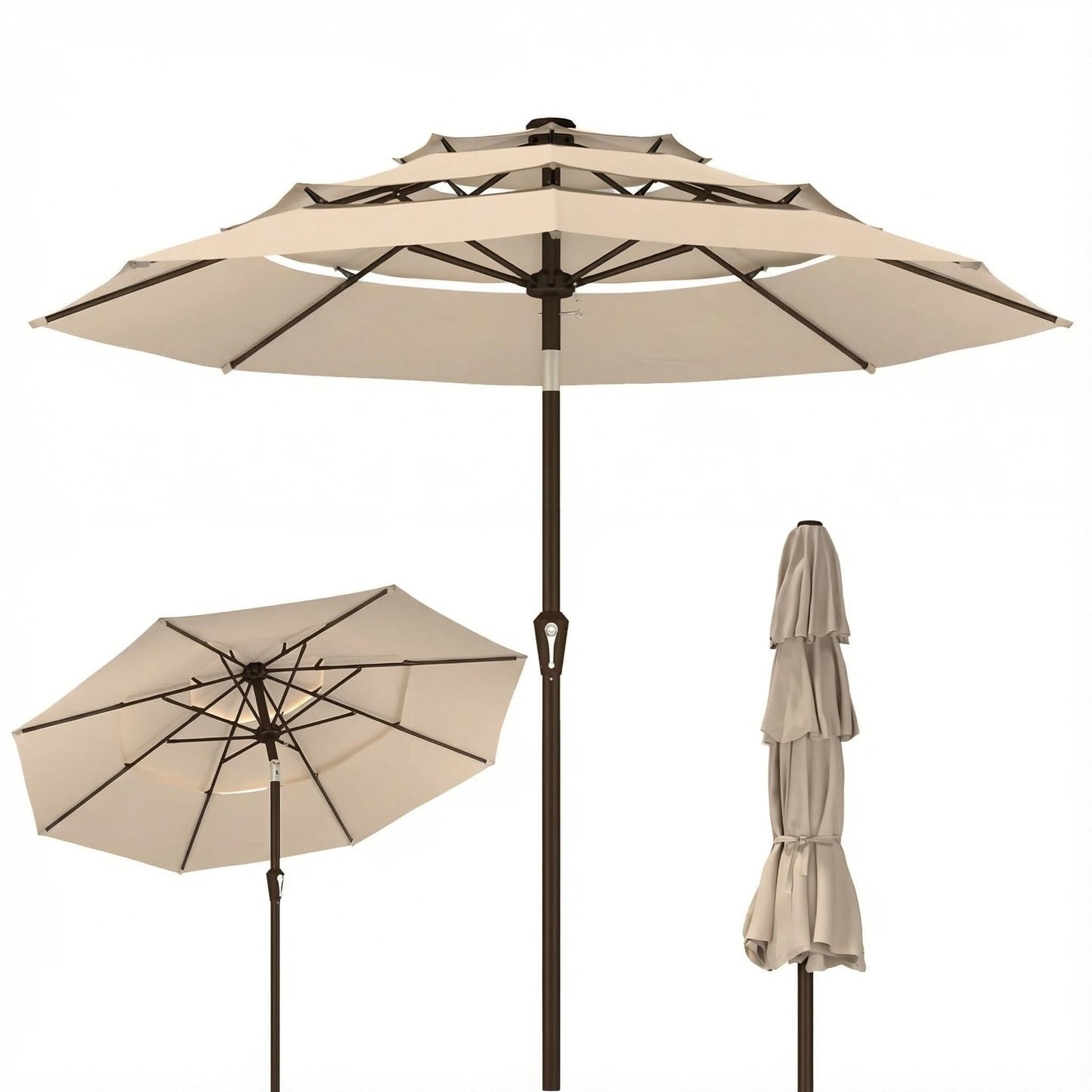 Kingdura 9ft 3-Tier Patio Umbrella, Outdoor Table Umbrella with Easy Crank & Tilt, 8 Reinforced Ribs, UV Protection for Deck, Pool, Market, Backyard (Beige)
