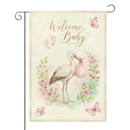 Welcome Home Baby Girl Garden Flag Pink Flroal Its A Girl Announcement Yard Decor Sign Small Double Sided Burlap Gender Reveal Newborn Baby Shower Garden Flag for Outside Yard 12 x 18 Inch