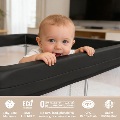 Desque Foldable Baby Playpen with Mat, 50"×50" Collapsible Play Yard for Babies and Toddlers, No Assembly Required, Kids Safety Play Area with 4 Handles, 50 Balls and Visible Mesh, Black