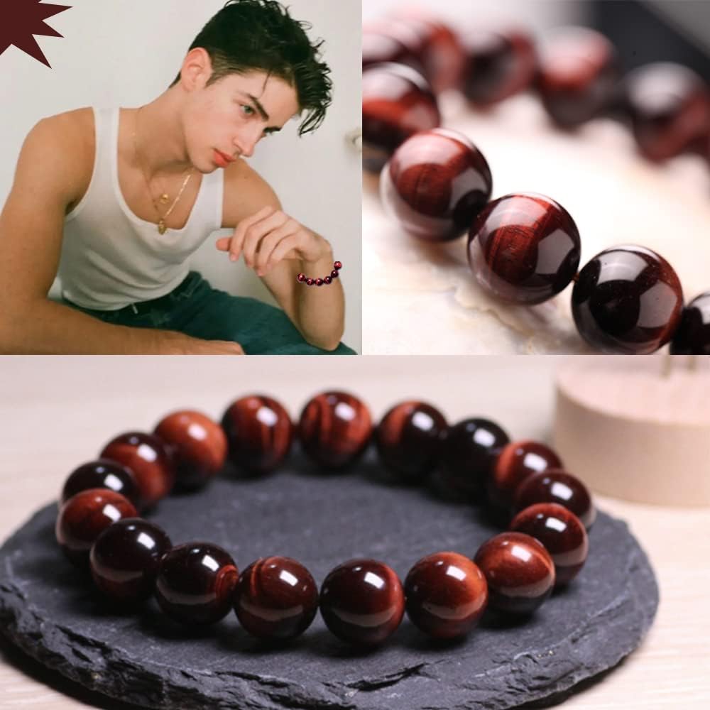 12MM Red Tigers Eye Bracelet for Unisex | Natural Root Chakra Gemstones | Fits for 9" XLarge & Strong Wrist | Bring Luck & Fortune | Anxiety Stress Relief Spritual choice for Friends Familys