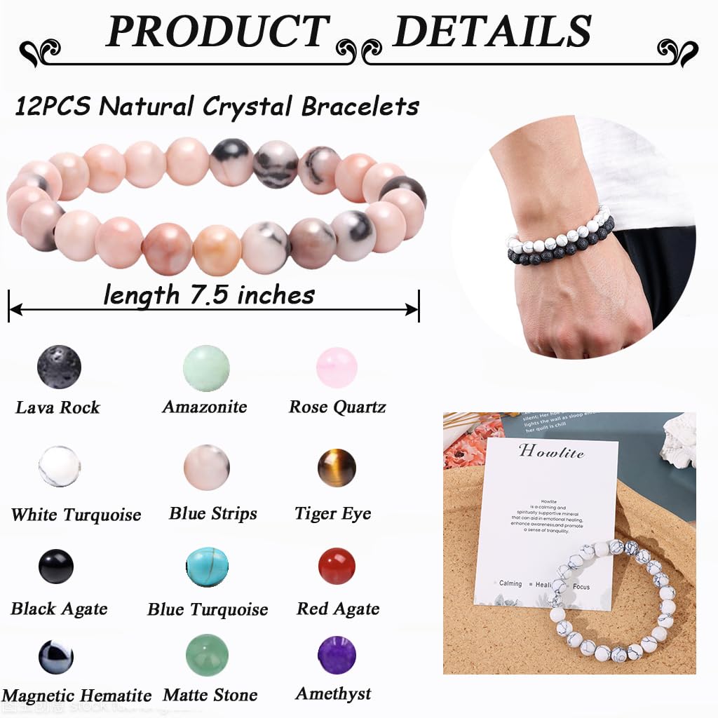 MOZAKA 12PCS Beaded Bracelets for Women Men - 8mm Semi-Precious Gemstone Beaded Bracelets, Crystal Stretch Round Beads Bracelets Unisex Jewelry Gift