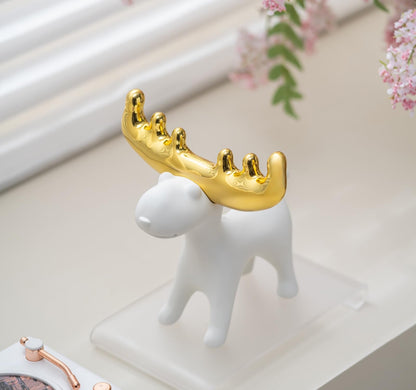 ZMLOOK Modern White Resin Deer Figurine with Gold Antlers – 7.48 x 69 x 7.72 Minimalist Animal Sculpture for Home & Desk Decor(Standing/Reclining Style)