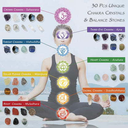 30 PCS Crystals and Stones Set, Natural Raw Healing Crystals and Tumbled Chakra Stones, Premium Protection Crystal Gift Kit Display in Wooden Box with Info Guide, Meditation, Yoga, Home Decor