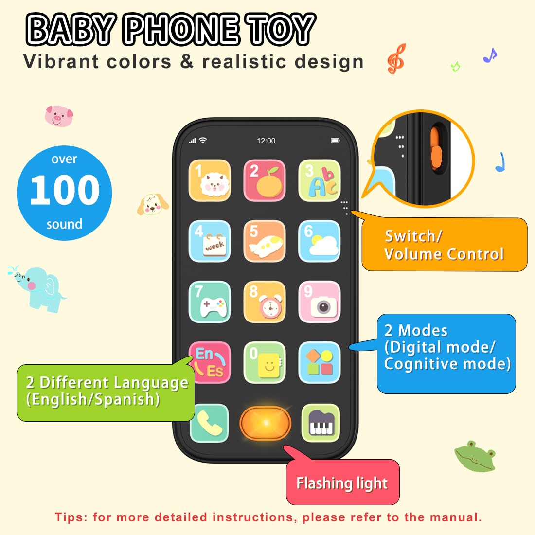 Toy Phone Baby Remote Control Toy Set, Play Phones TV Remote Control with Music Light for 6+ Months, Early Learning Baby Toys Gift for 1 Year Old Boys Girls Kids Toddler Infant, English/Spanish, Black