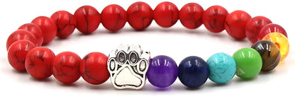 PawsFourLove 7 Chakra Natural Stone Paw Charm Bracelet Lava Rock Mala Beads Elastic Bracelet Yoga Meditation Healing, Dog Puppy Cat Animal Paw Bracelet (Red)