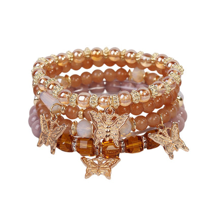 LOTSOF Boho Flower Beaded Bracelet Set for Women - Multilayer Crystal & Flower Charm Stackable Bracelets, Fashion Jewelry Gift for Her (Coffee Butterfly)