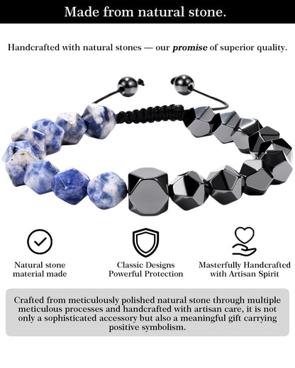 Beaded Bracelet for Men, 10mm Natural Stones Bracelet for Men's Gift, Adjustable Precision-Cut Gemstone Crystal Healing Bracelet, Protection Jewelry Gift with Hematite, Tiger Eye (Blue Spot Stone & Hematite)