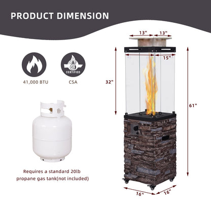 Outdoor Patio Propane Fire Heater with Weather Cover Glass 41000 BTU Fireplace Patented & CSA Certificated, Stackstone Brown