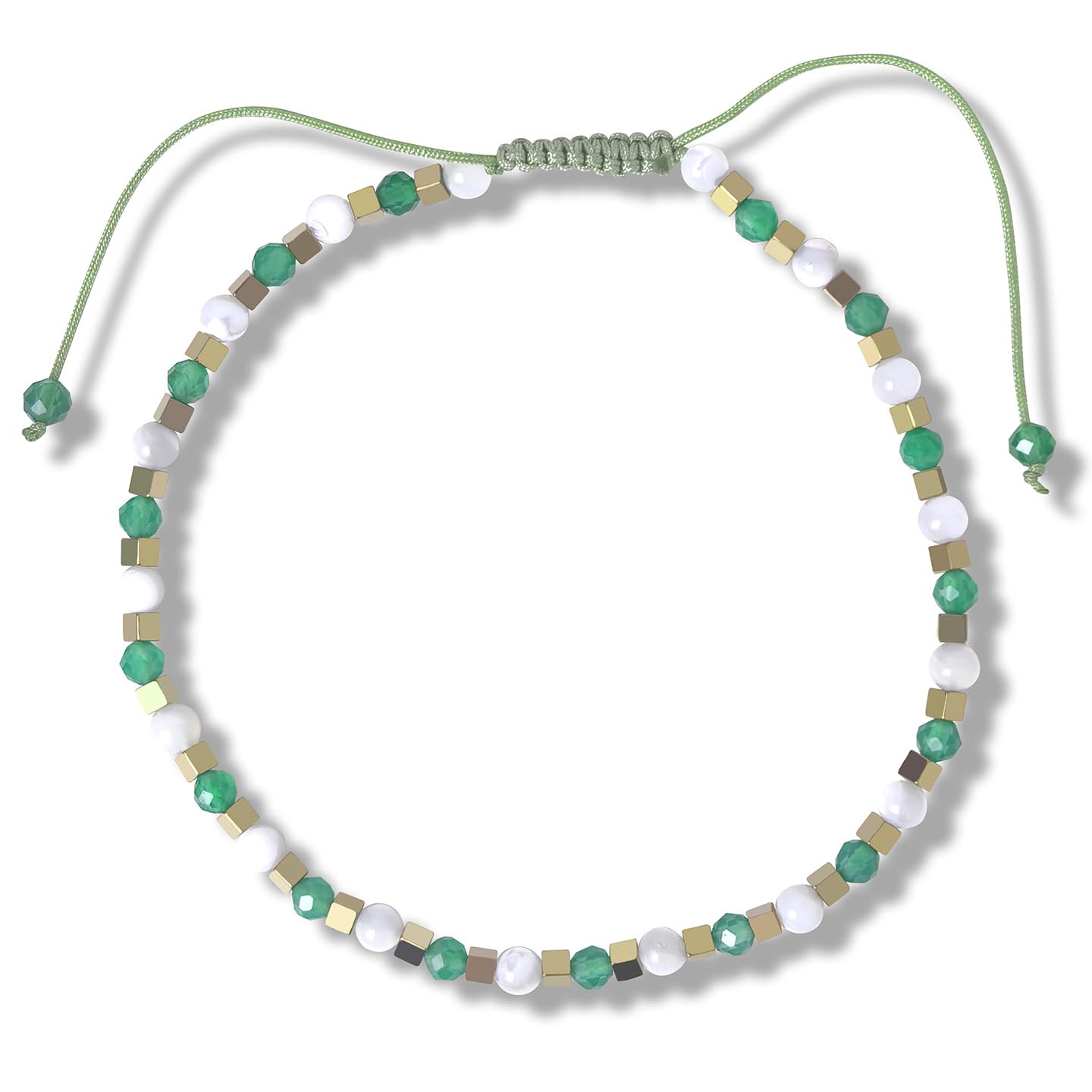 BEADSENER Green Agate Adjustable Charming Bracelet for Women, 3mm Natural Shell Gemstone Hematite Stone Beads, Pull String Slider Metal Free Design Waterproof, Gift for Her Daily Wear