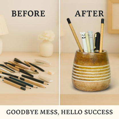 Mie Creations Wooden Pencil Cup Pen Holder for Desk Table | Farmhouse Wood Office Desktop Organizer, Paintbrush Stand, Makeup Brush Holder | Handmade Mothers Day Gifts for Mom- 4'' White Lining Design
