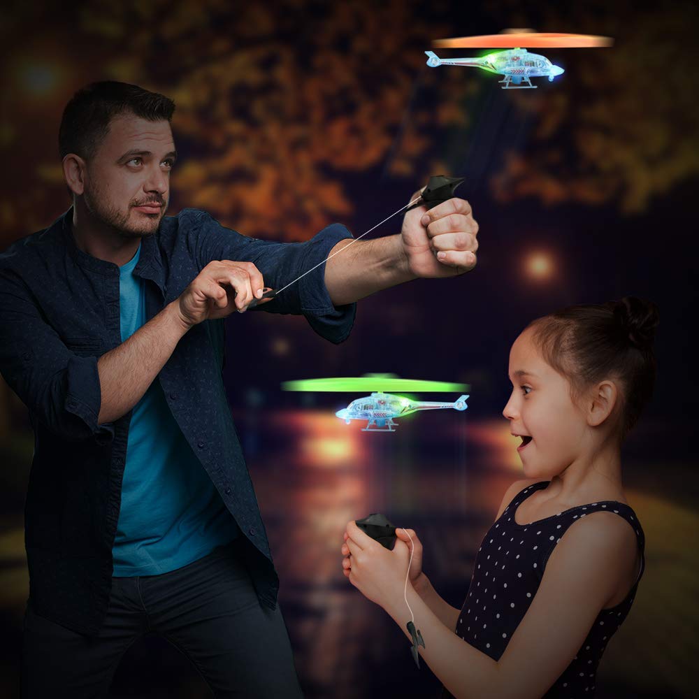 ArtCreativity Light Up Flying Helicopter Toys for Kids – Set of 2 with LED Lights, Handheld Launcher, Soars Over 8 Feet – Outdoor Indoor Party Favors, Birthday Gifts for Boys & Girls Ages 3+