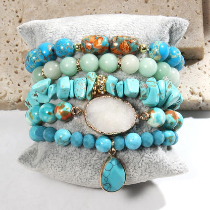 Yomisa 5PCS Natural Boho Beaded Bracelets for Women Men,Healing Turquoise Jasper Agate Crystal Gemstone Stone Diamond Chakra Multilayer Wrap Bohemian Handmade Jewelry Beads Stretch Bracelet Set