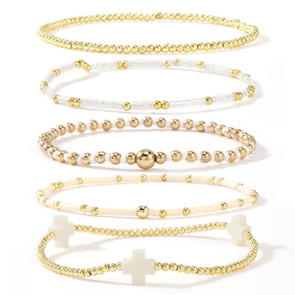Bohxantium Gold Beaded Stretch Bracelets Stack for Women - 14k Gold Stackable Elastic Cross Bracelet, White Waterproof Stretchy Seed Beads Jewelry Christian Faith Friendship Summer Beach Mothers Day Gifts
