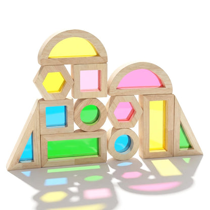 WOODENFUN Wood Building Blocks Set for Kids,Rainbow Stacker Stacking Game Construction Toys Set Preschool Colorful Learning Educational Toys, Geometry Wooden Blocks for Boys Girls