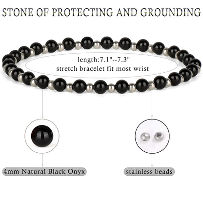 QOGIR Black Onyx - Protecting and Grounding - Stainless Silver Beads Natural Gemstone Stretch Elastic Dainty Healing Beaded Bracelets Gifts 4mm