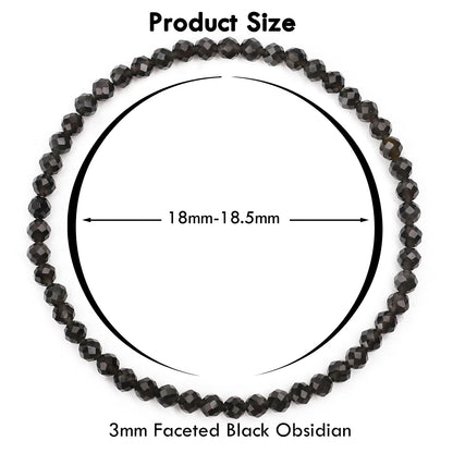 BONNY BOXX Natural Genuine Gemstone Faceted Round Beads Bracelets, 3mm Adjustable Stretchy Tiny Faceted Black Obsidian Bracelet, Healing Crystal Reiki Chakra Dainty Jewelry Fashion Gifts