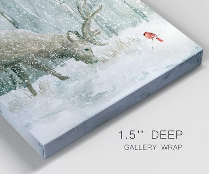 Renditions Gallery Reindeer and Cardinal Wall Art, Cute Christmas Artwork, Snowy Winter Forest, Scenic Nature, Premium Gallery Wrapped Canvas Decor, Ready to Hang, 24 in H x 24 in W, Made in America