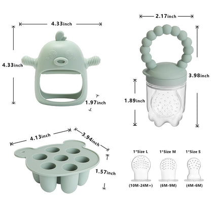 Gedebey 3-in-1 Baby Food & Fruit Feeder Set – Breastmilk Popsicle Mold with Freezer Tray, Teething Relief Toy, BPA Free Infant Silicone Feeding Combo, 3 Bonus Sizes (S/M/L) Sacs (Pea Green)